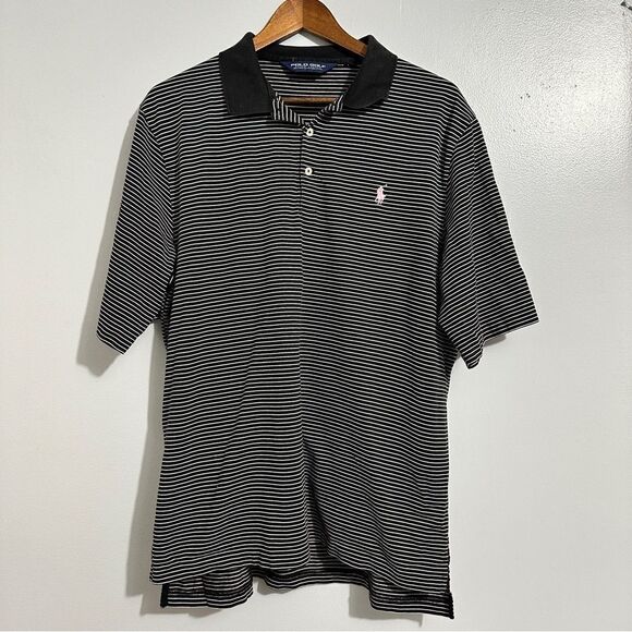POLO RALPH LAUREN GOLF Size L Pink/Black Stripe Polo Shirt Renaissance on sleeve - Picture 2 of 7